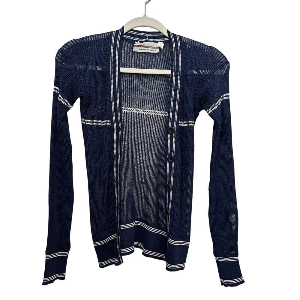 Umberto Ginocchietti Cardigan Sweater Linen Blend Long Sleeves Blue Size